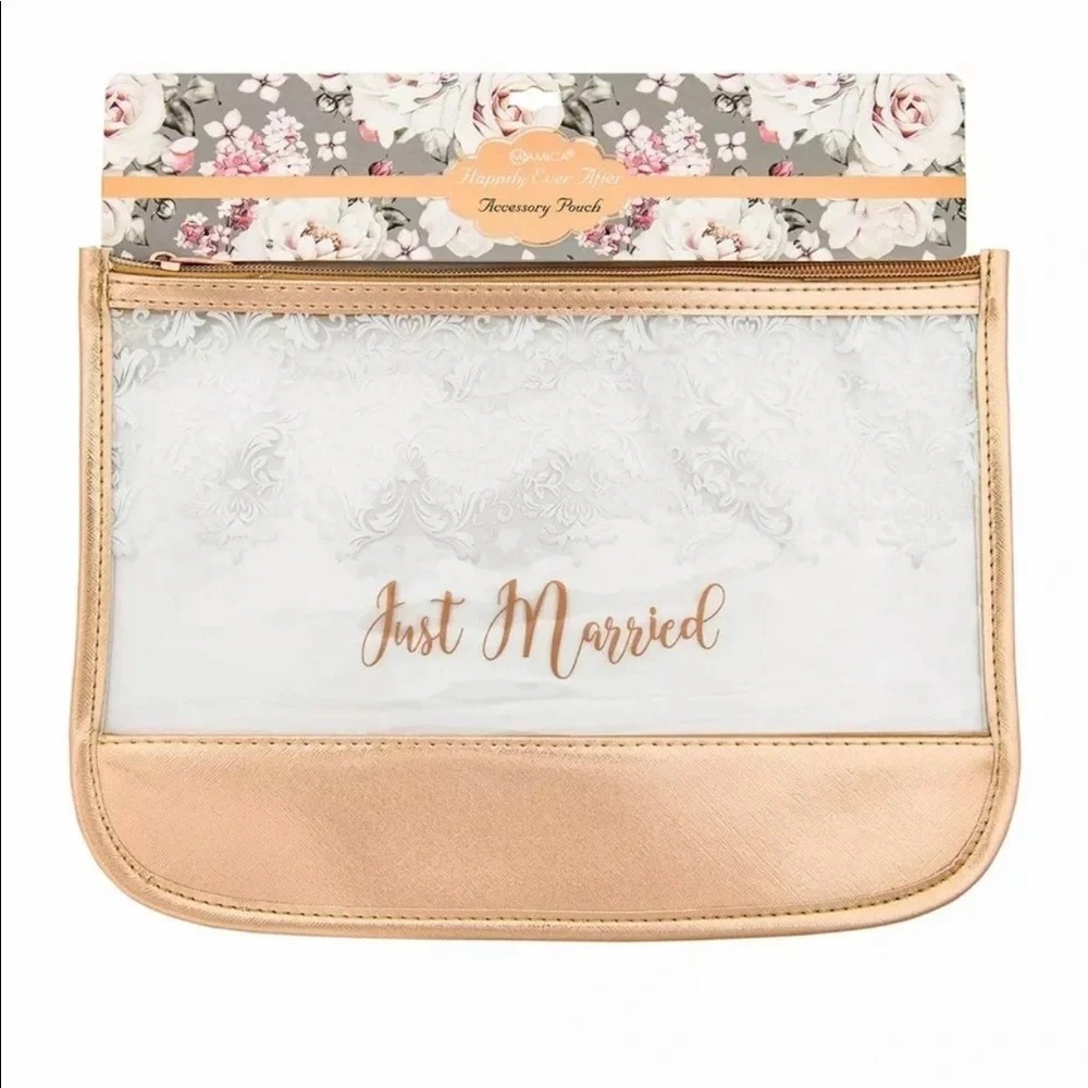 Amica Womens Accessory Pouch OS Rose Gold Just Married Bridal Lace Makeup Bag